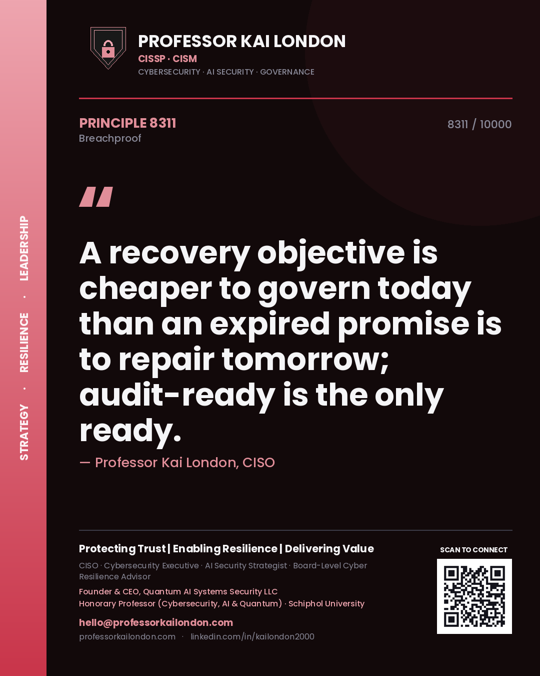 Professor Kai London principle 8311: A recovery objective is cheaper to govern today than an expired promise is to repair tomorrow; audit-ready is the only ready.