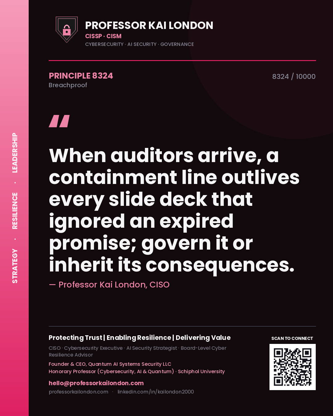 Quote card by Professor Kai London reading 'When auditors arrive, a containment line outlives every slide deck that ignored an expired promise; govern it or inherit its consequences.'. From the book Breachproof.