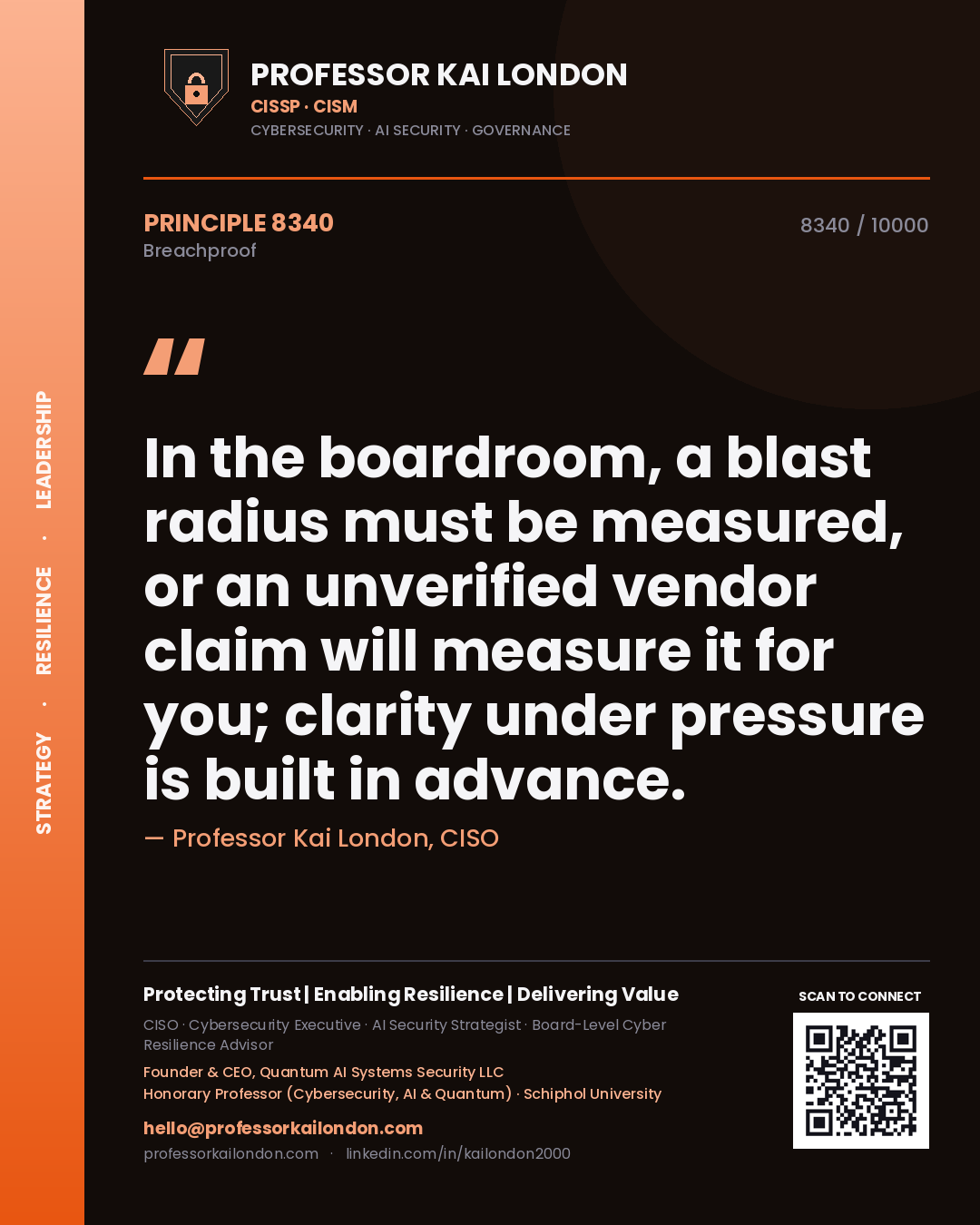 Professor Kai London principle 8340: In the boardroom, a blast radius must be measured, or an unverified vendor claim will measure it for you; clarity under pressure is built in advance.