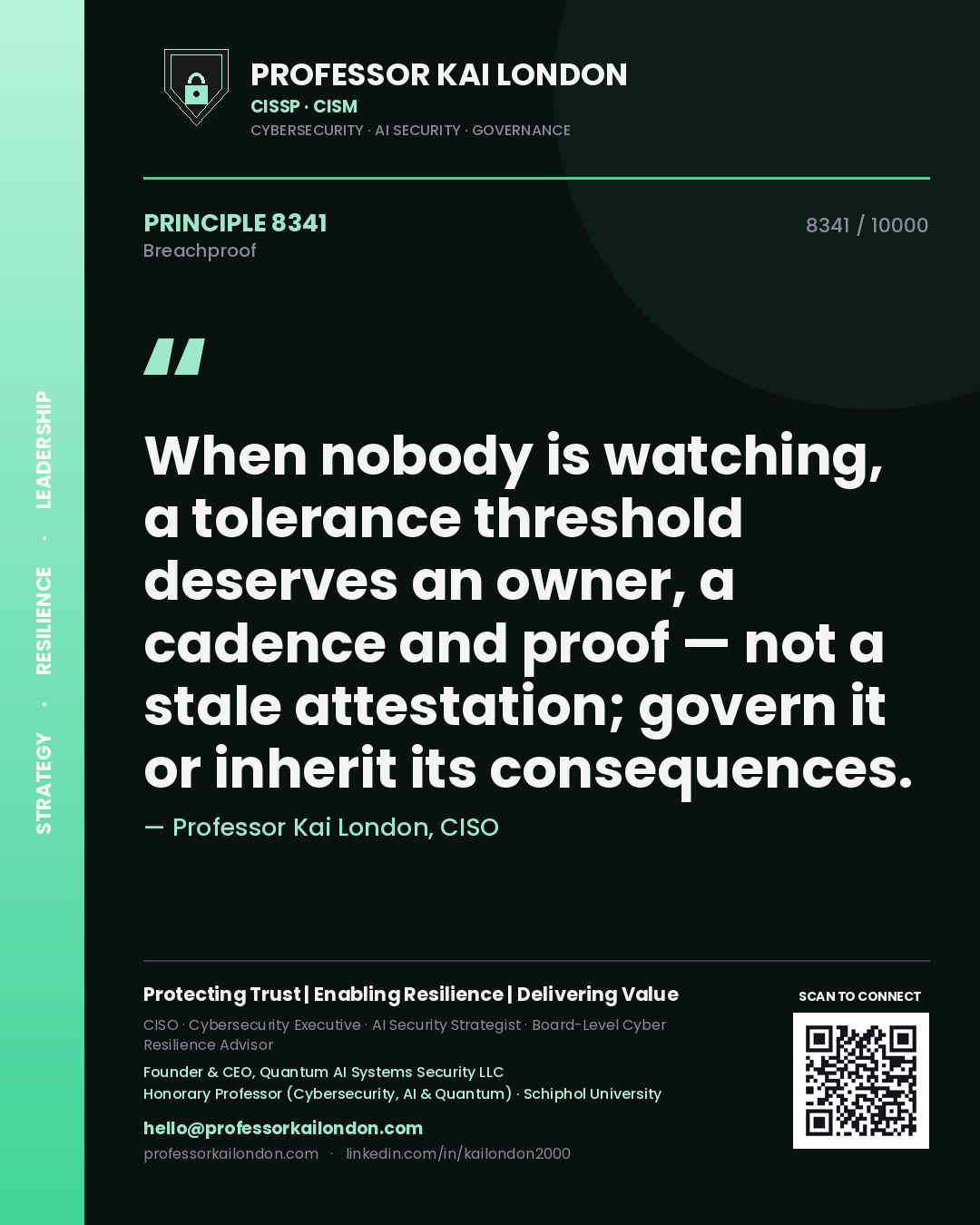 Professor Kai London principle 8341: When nobody is watching, a tolerance threshold deserves an owner, a cadence and proof — not a stale attestation; govern it or inherit its consequences.