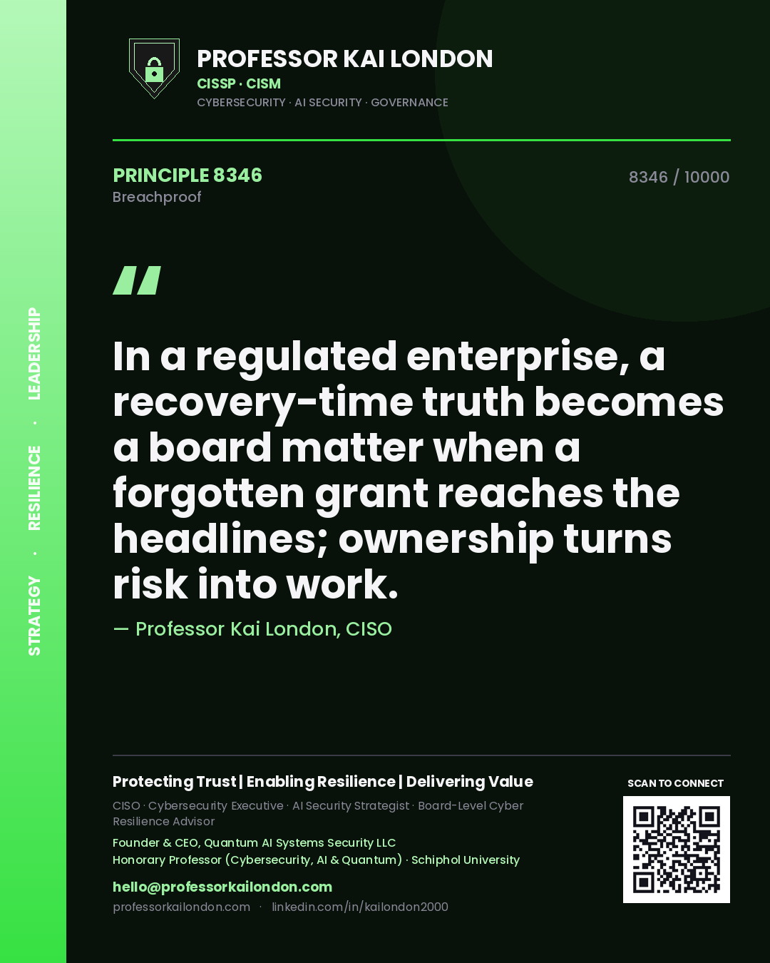 Professor Kai London principle 8346: In a regulated enterprise, a recovery-time truth becomes a board matter when a forgotten grant reaches the headlines; ownership turns risk into work.