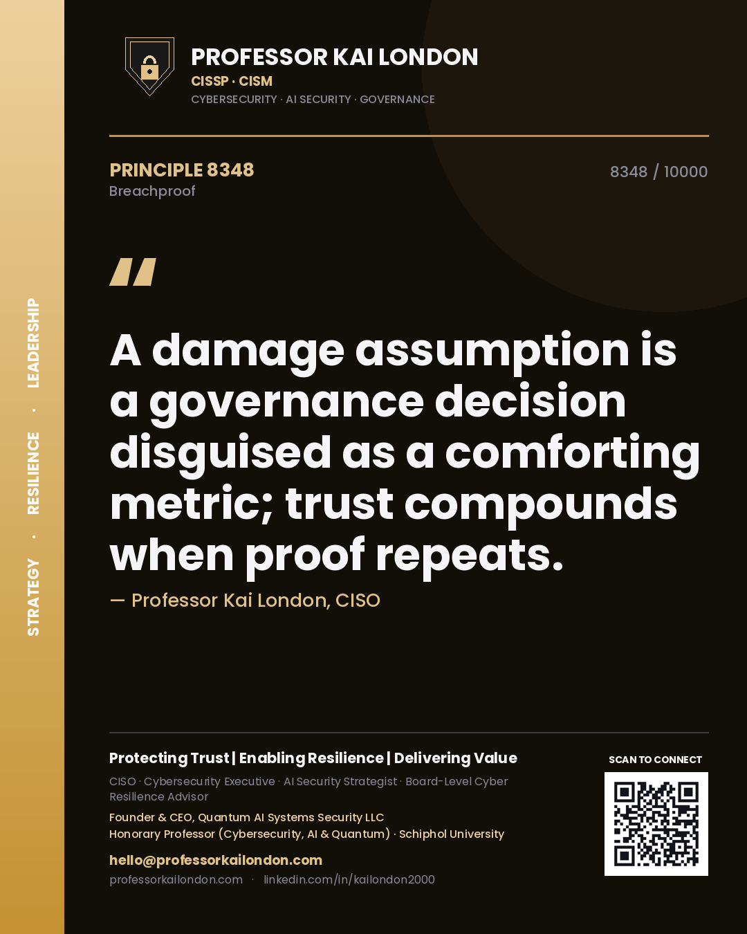 Quote card by Professor Kai London reading 'A damage assumption is a governance decision disguised as a comforting metric; trust compounds when proof repeats.'. From the book Breachproof.