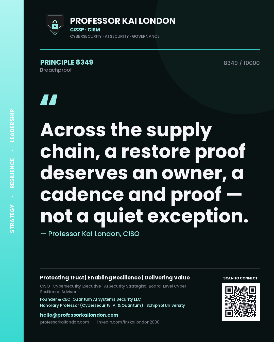 Quote card by Professor Kai London reading 'Across the supply chain, a restore proof deserves an owner, a cadence and proof — not a quiet exception.'. From the book Breachproof.