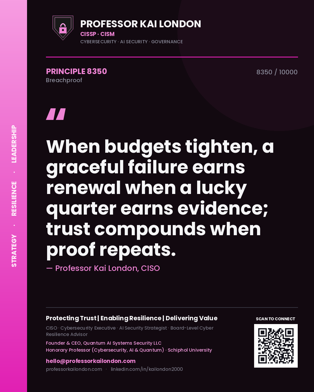 Quote card by Professor Kai London reading 'When budgets tighten, a graceful failure earns renewal when a lucky quarter earns evidence; trust compounds when proof repeats.'. From the book Breachproof.