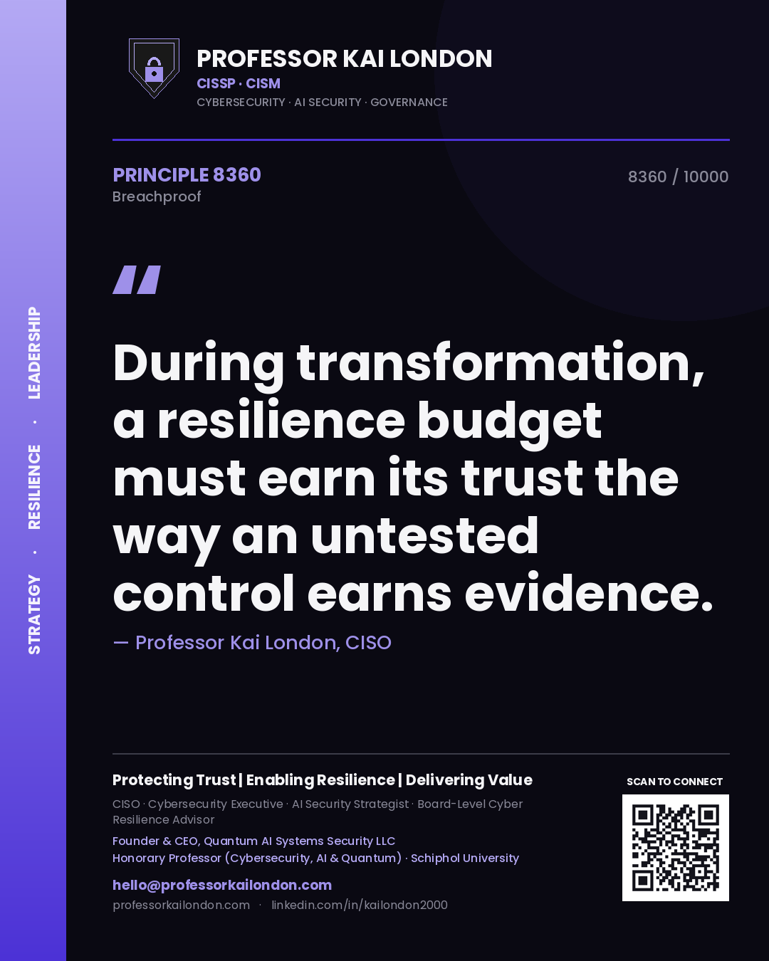 Professor Kai London principle 8360: During transformation, a resilience budget must earn its trust the way an untested control earns evidence.