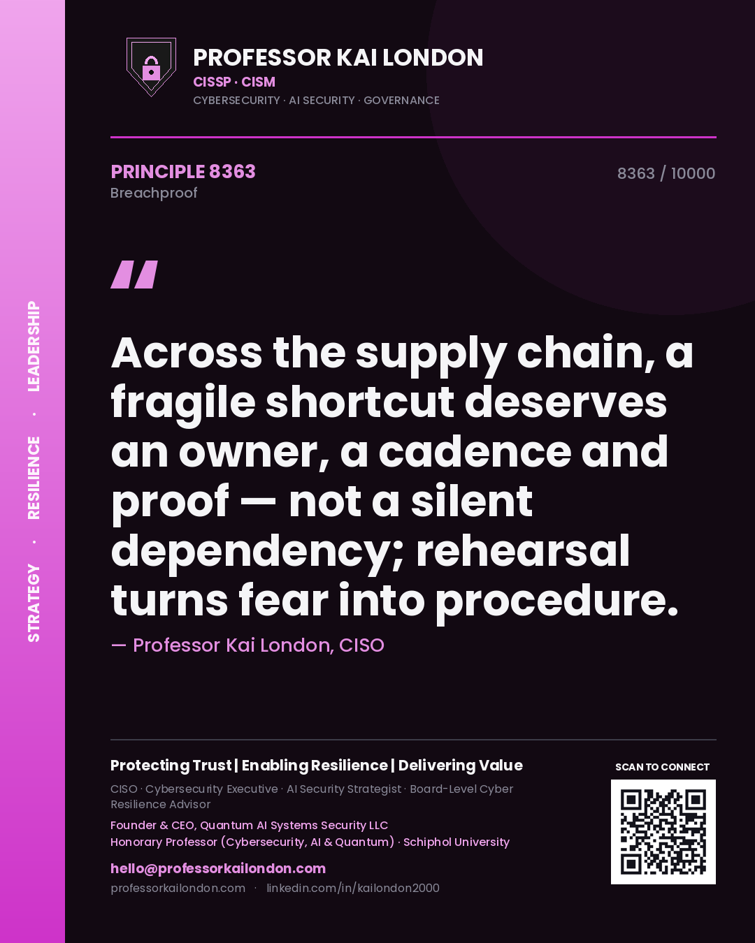 Quote card by Professor Kai London reading 'Across the supply chain, a fragile shortcut deserves an owner, a cadence and proof — not a silent dependency; rehearsal turns fear into procedure.'. From the book Breachproof.