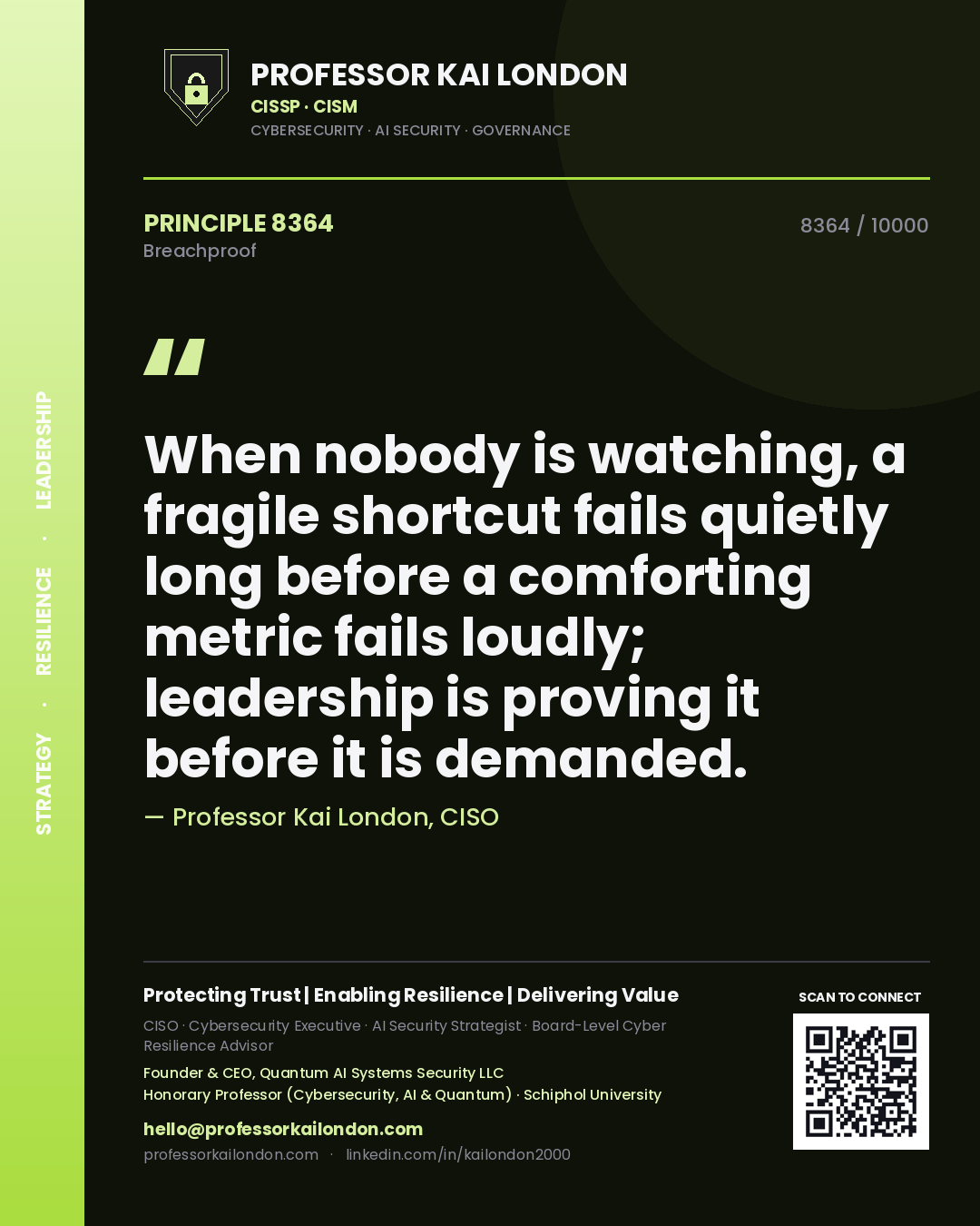 Quote card by Professor Kai London reading 'When nobody is watching, a fragile shortcut fails quietly long before a comforting metric fails loudly; leadership is proving it before it is demanded.'. From the book Breachproof.