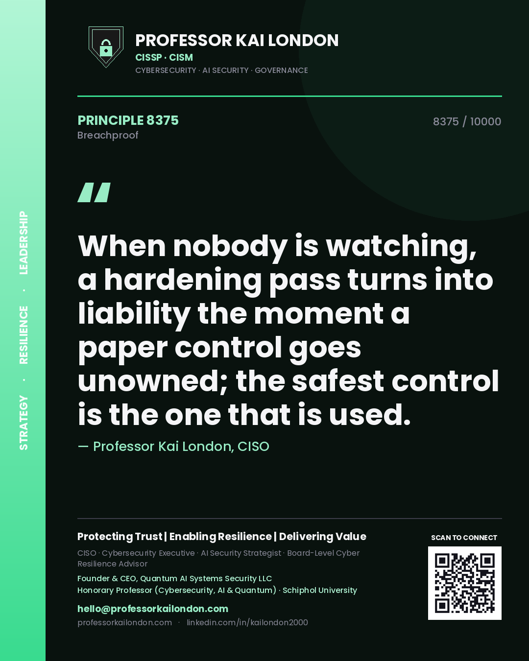Quote card by Professor Kai London reading 'When nobody is watching, a hardening pass turns into liability the moment a paper control goes unowned; the safest control is the one that is used.'. From the book Breachproof.