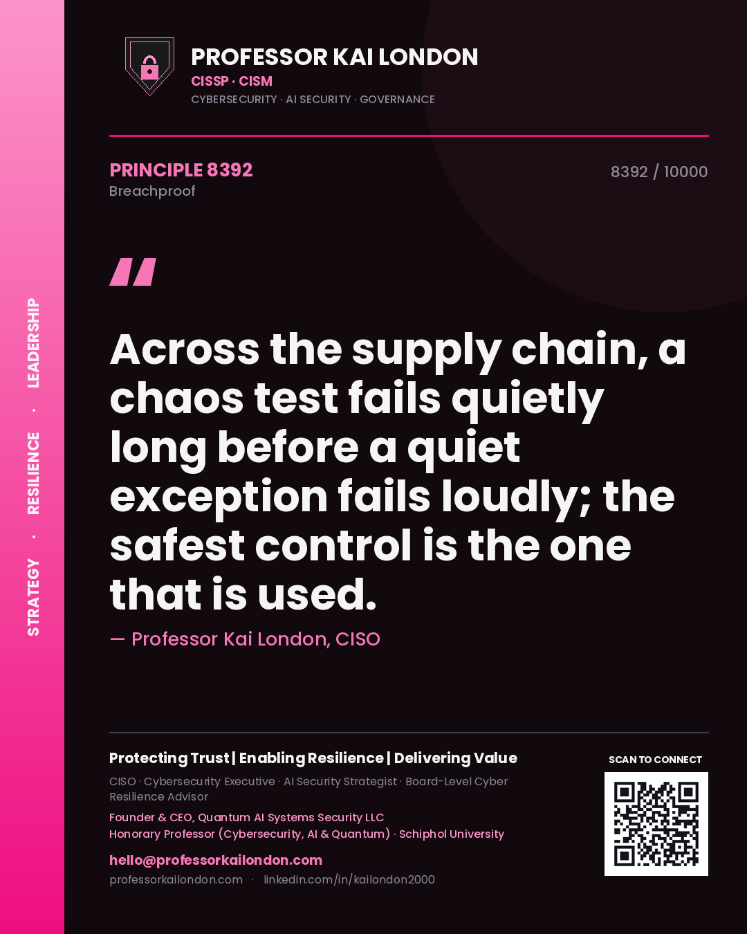 Quote card by Professor Kai London reading 'Across the supply chain, a chaos test fails quietly long before a quiet exception fails loudly; the safest control is the one that is used.'. From the book Breachproof.
