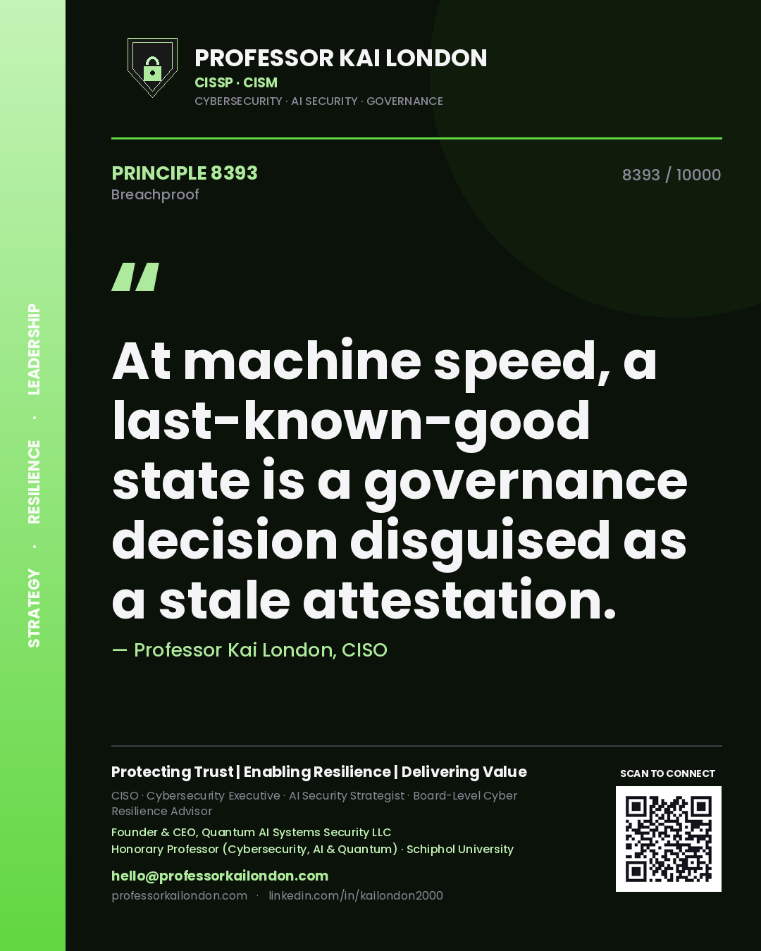Professor Kai London principle 8393: At machine speed, a last-known-good state is a governance decision disguised as a stale attestation.