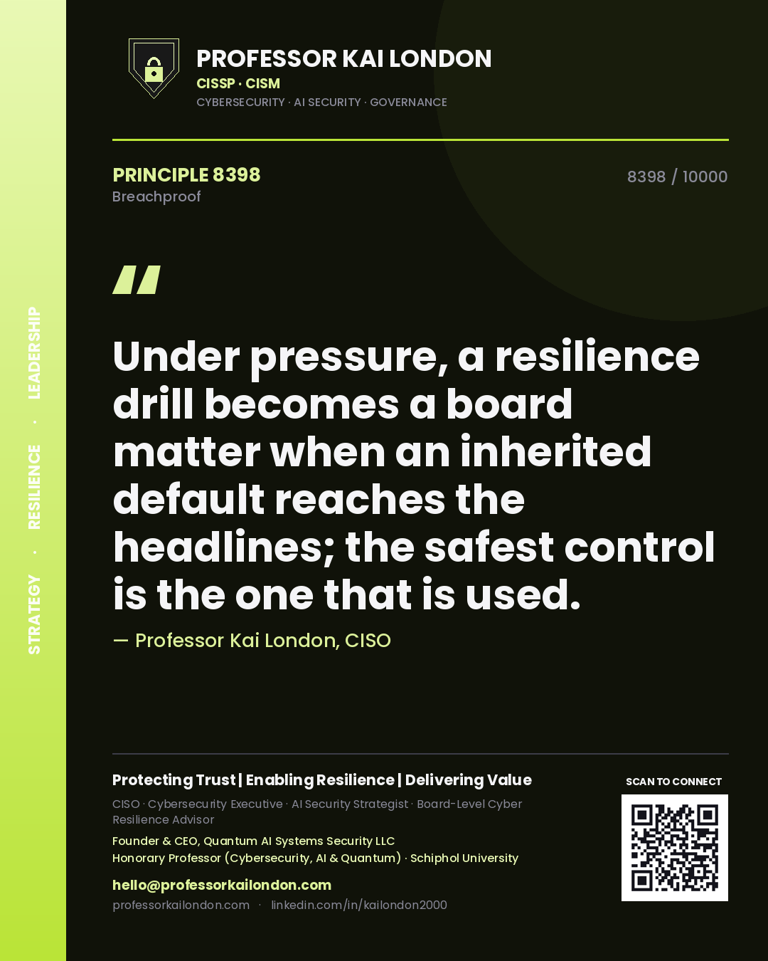 Professor Kai London principle 8398: Under pressure, a resilience drill becomes a board matter when an inherited default reaches the headlines; the safest control is the one that is used.