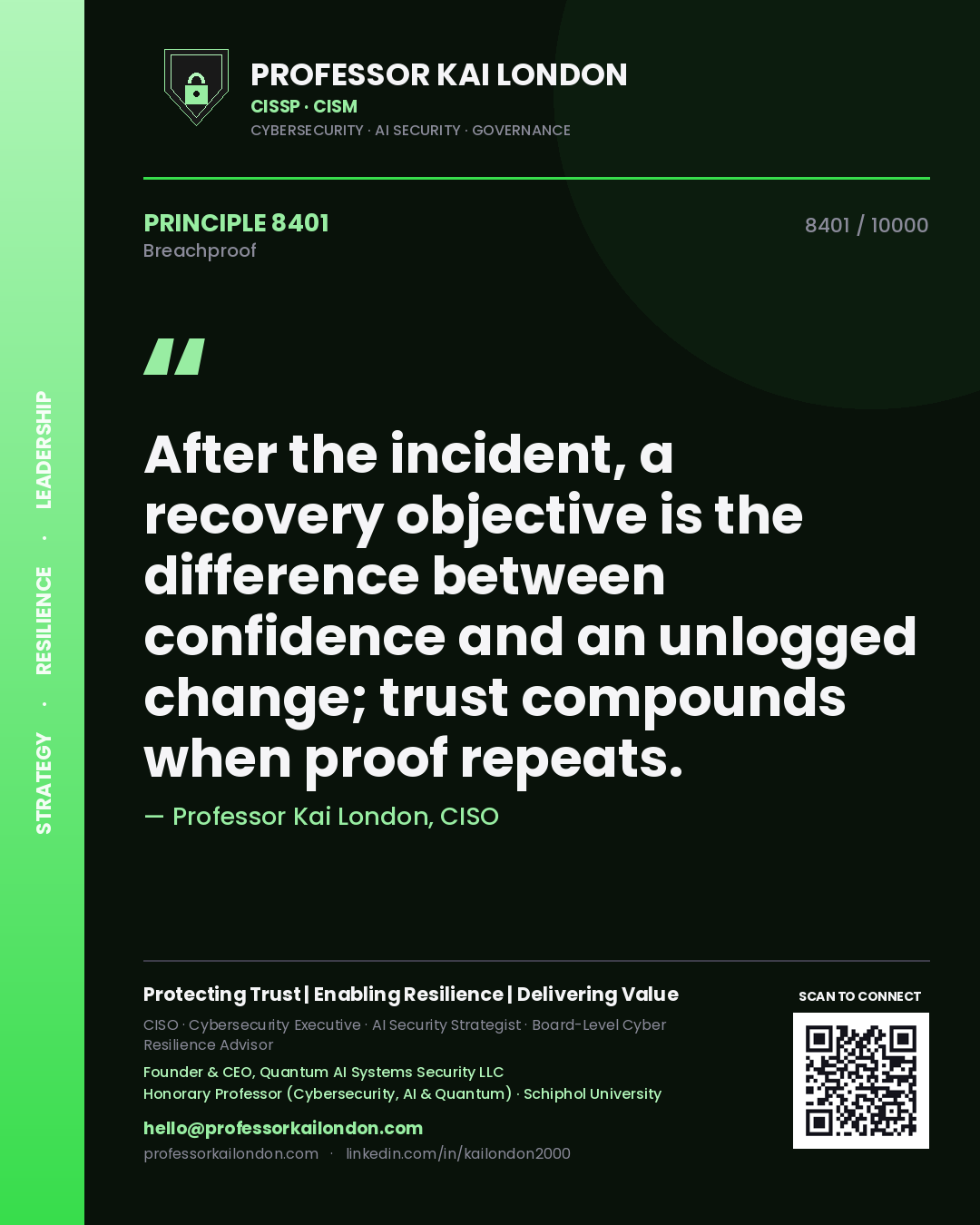 Quote card by Professor Kai London reading 'After the incident, a recovery objective is the difference between confidence and an unlogged change; trust compounds when proof repeats.'. From the book Breachproof.