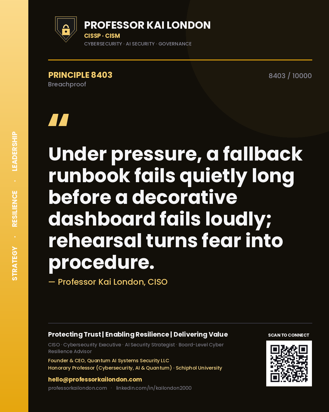 Quote card by Professor Kai London reading 'Under pressure, a fallback runbook fails quietly long before a decorative dashboard fails loudly; rehearsal turns fear into procedure.'. From the book Breachproof.
