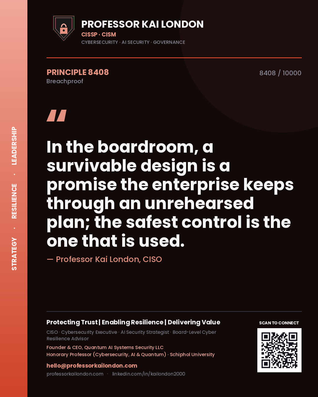 Quote card by Professor Kai London reading 'In the boardroom, a survivable design is a promise the enterprise keeps through an unrehearsed plan; the safest control is the one that is used.'. From the book Breachproof.