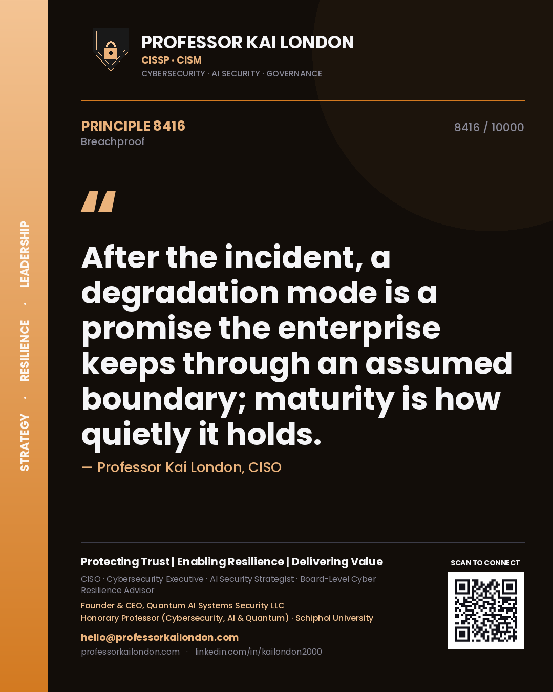 Quote card by Professor Kai London reading 'After the incident, a degradation mode is a promise the enterprise keeps through an assumed boundary; maturity is how quietly it holds.'. From the book Breachproof.