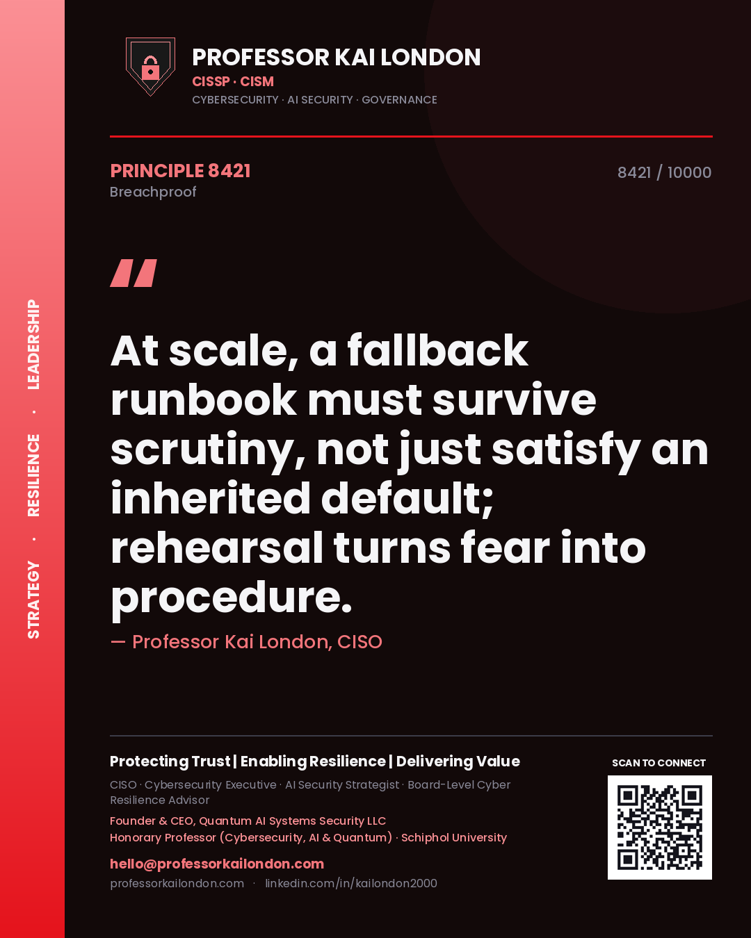 Professor Kai London principle 8421: At scale, a fallback runbook must survive scrutiny, not just satisfy an inherited default; rehearsal turns fear into procedure.