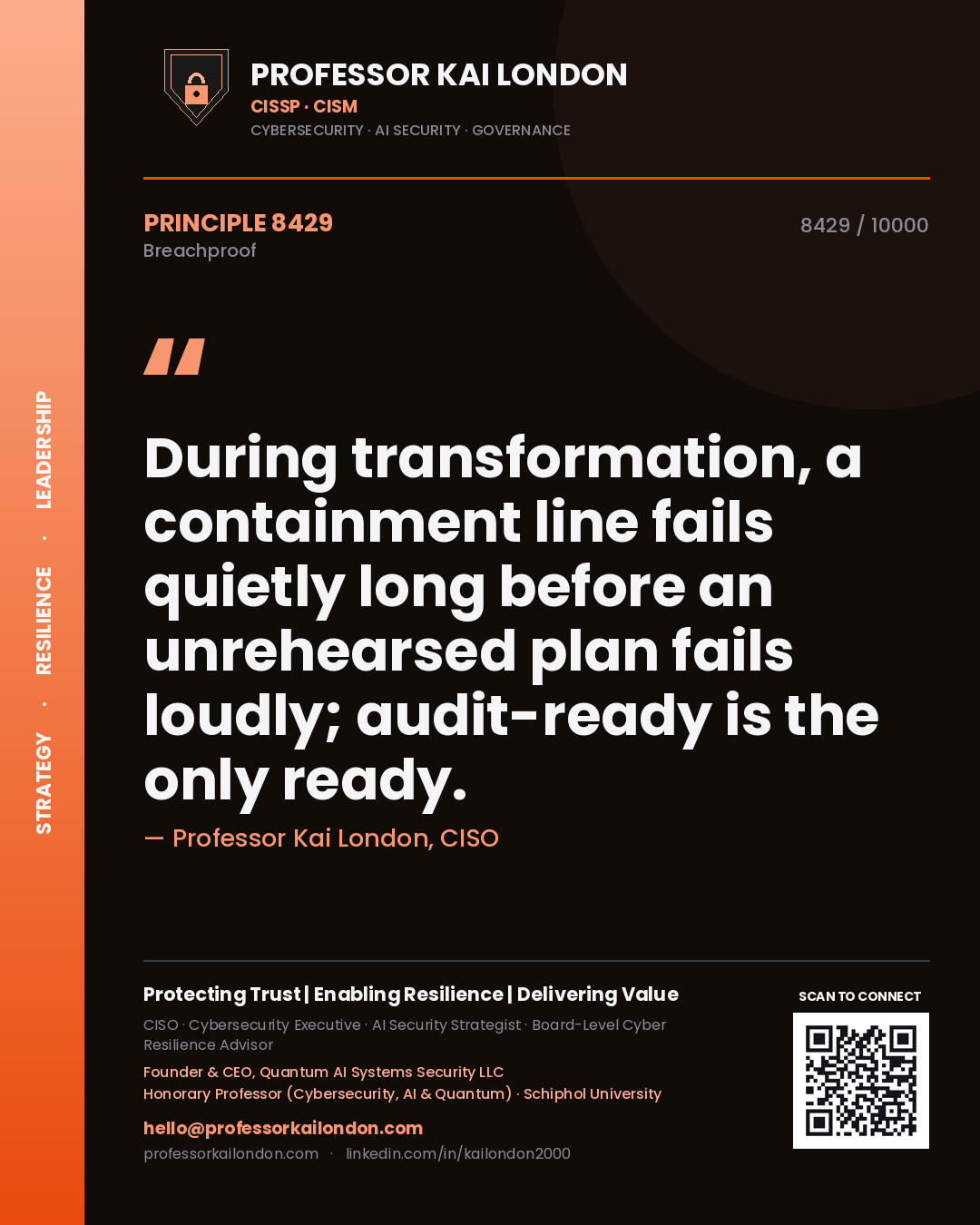 Quote card by Professor Kai London reading 'During transformation, a containment line fails quietly long before an unrehearsed plan fails loudly; audit-ready is the only ready.'. From the book Breachproof.