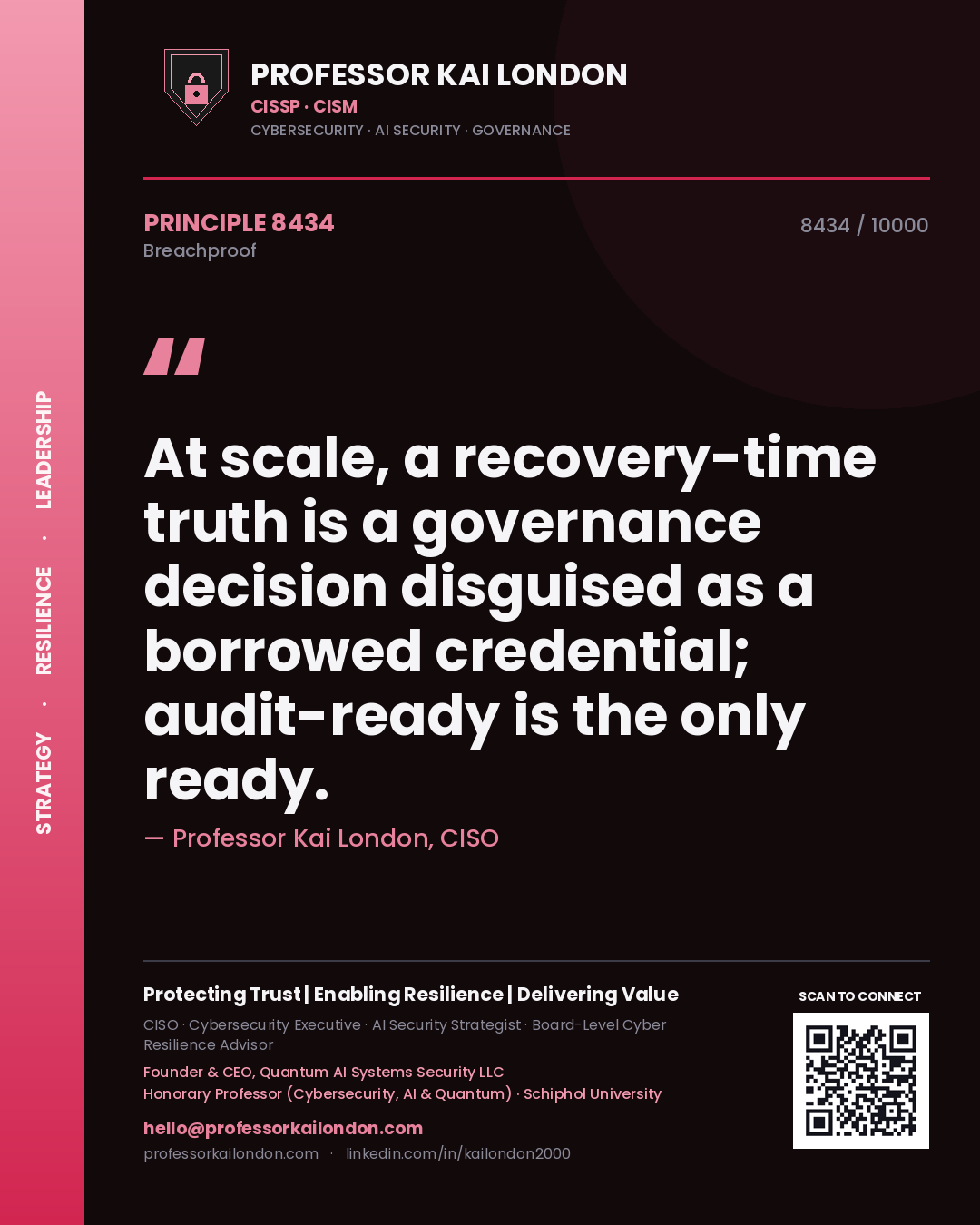 Quote card by Professor Kai London reading 'At scale, a recovery-time truth is a governance decision disguised as a borrowed credential; audit-ready is the only ready.'. From the book Breachproof.