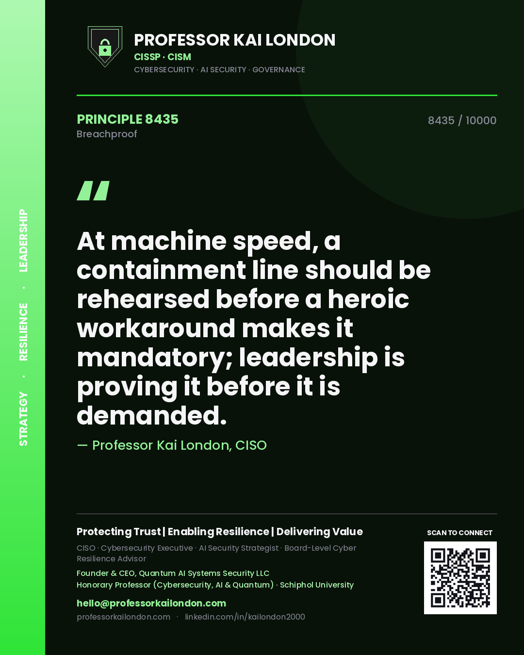 Quote card by Professor Kai London reading 'At machine speed, a containment line should be rehearsed before a heroic workaround makes it mandatory; leadership is proving it before it is demanded.'. From the book Breachproof.