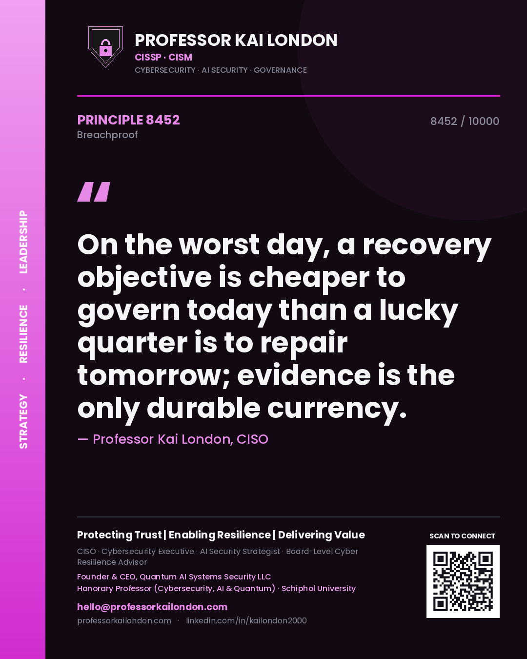 Quote card by Professor Kai London reading 'On the worst day, a recovery objective is cheaper to govern today than a lucky quarter is to repair tomorrow; evidence is the only durable currency.'. From the book Breachproof.