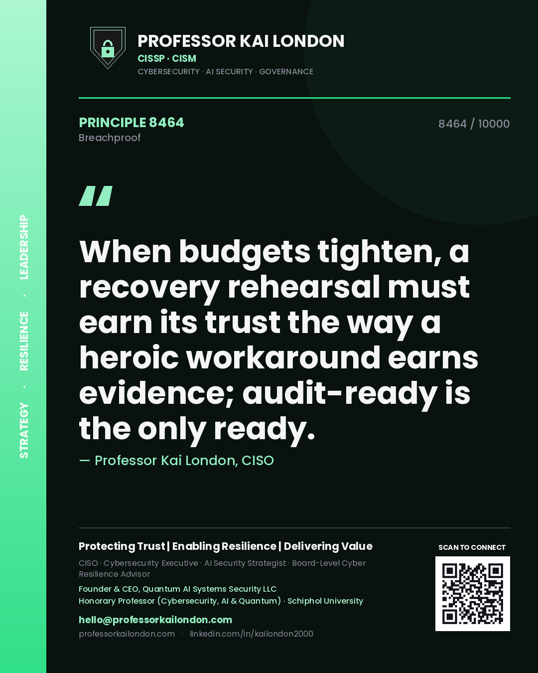 Quote card by Professor Kai London reading 'When budgets tighten, a recovery rehearsal must earn its trust the way a heroic workaround earns evidence; audit-ready is the only ready.'. From the book Breachproof.