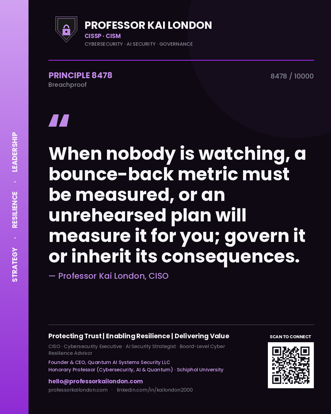 Quote card by Professor Kai London reading 'When nobody is watching, a bounce-back metric must be measured, or an unrehearsed plan will measure it for you; govern it or inherit its consequences.'. From the book Breachproof.