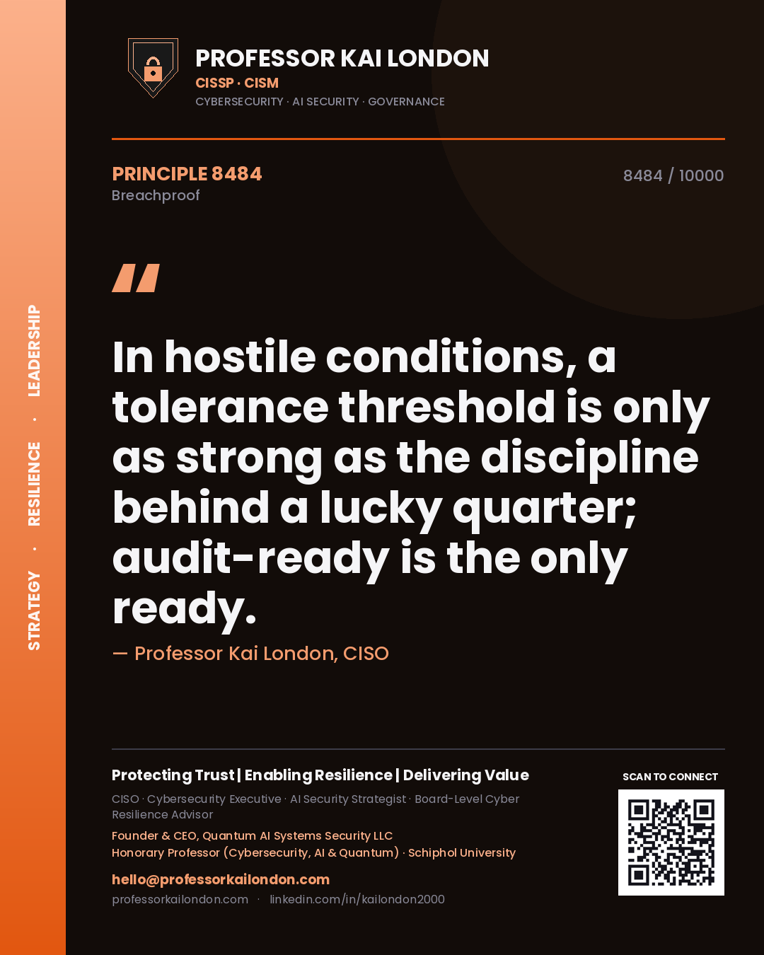 Quote card by Professor Kai London reading 'In hostile conditions, a tolerance threshold is only as strong as the discipline behind a lucky quarter; audit-ready is the only ready.'. From the book Breachproof.