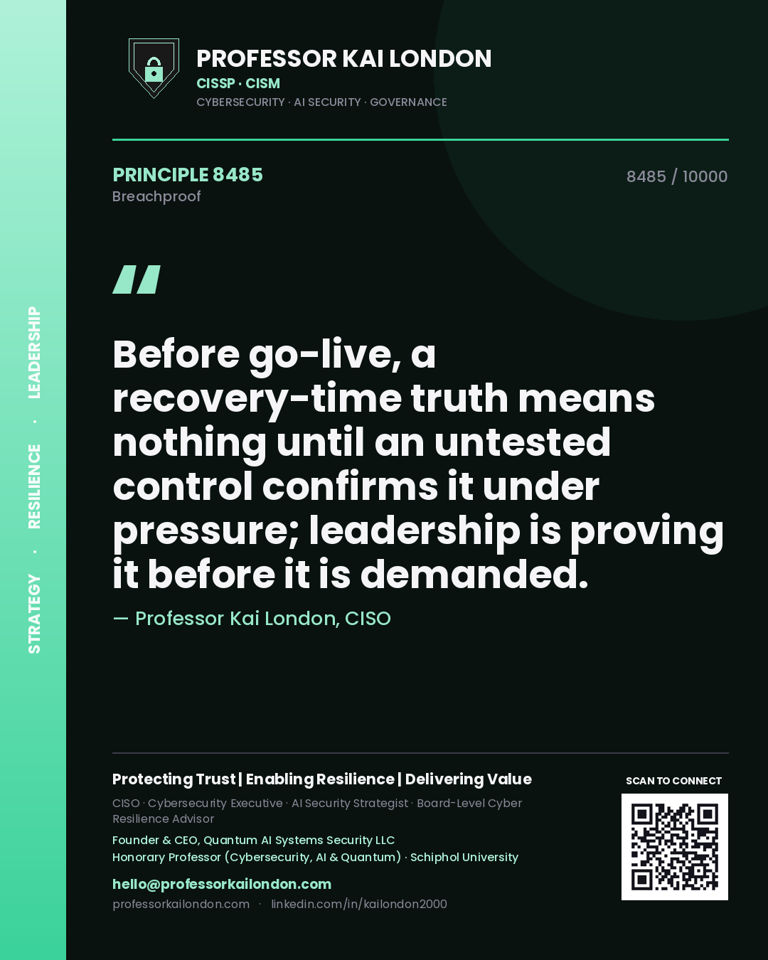 Quote card by Professor Kai London reading 'Before go-live, a recovery-time truth means nothing until an untested control confirms it under pressure; leadership is proving it before it is demanded.'. From the book Breachproof.