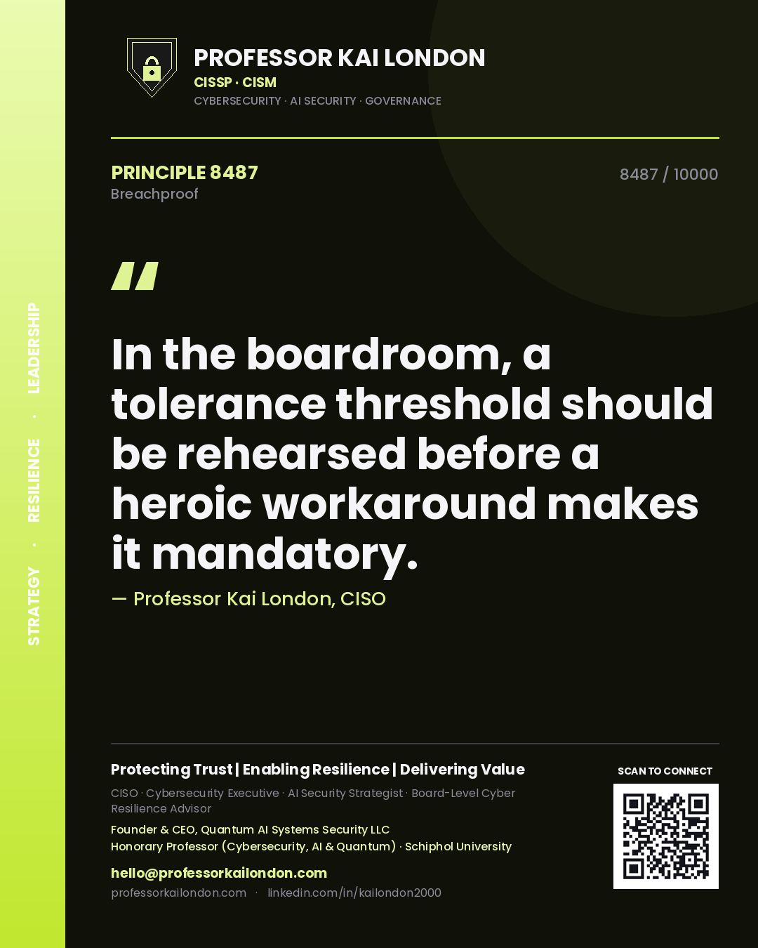 Quote card by Professor Kai London reading 'In the boardroom, a tolerance threshold should be rehearsed before a heroic workaround makes it mandatory.'. From the book Breachproof.