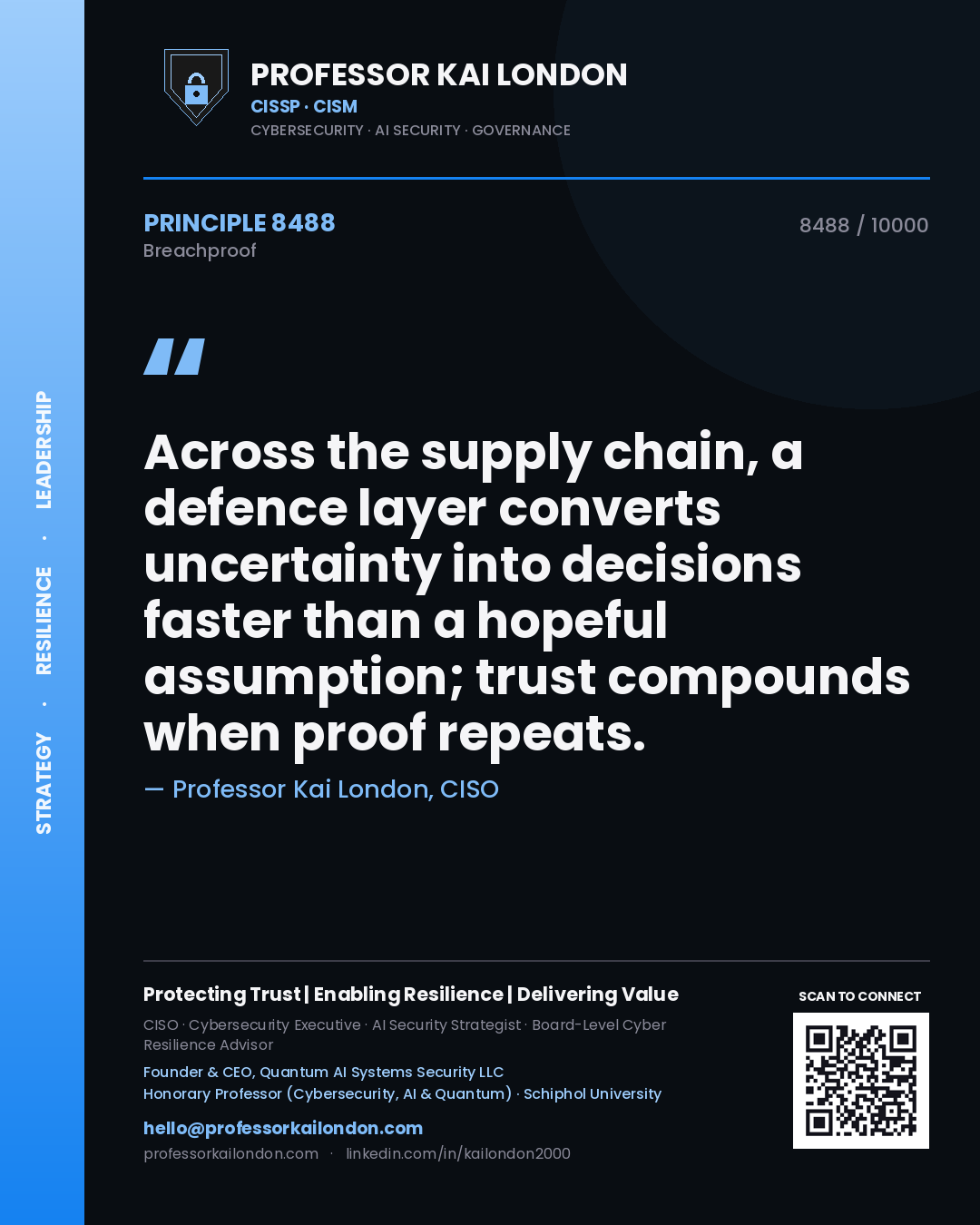 Quote card by Professor Kai London reading 'Across the supply chain, a defence layer converts uncertainty into decisions faster than a hopeful assumption; trust compounds when proof repeats.'. From the book Breachproof.