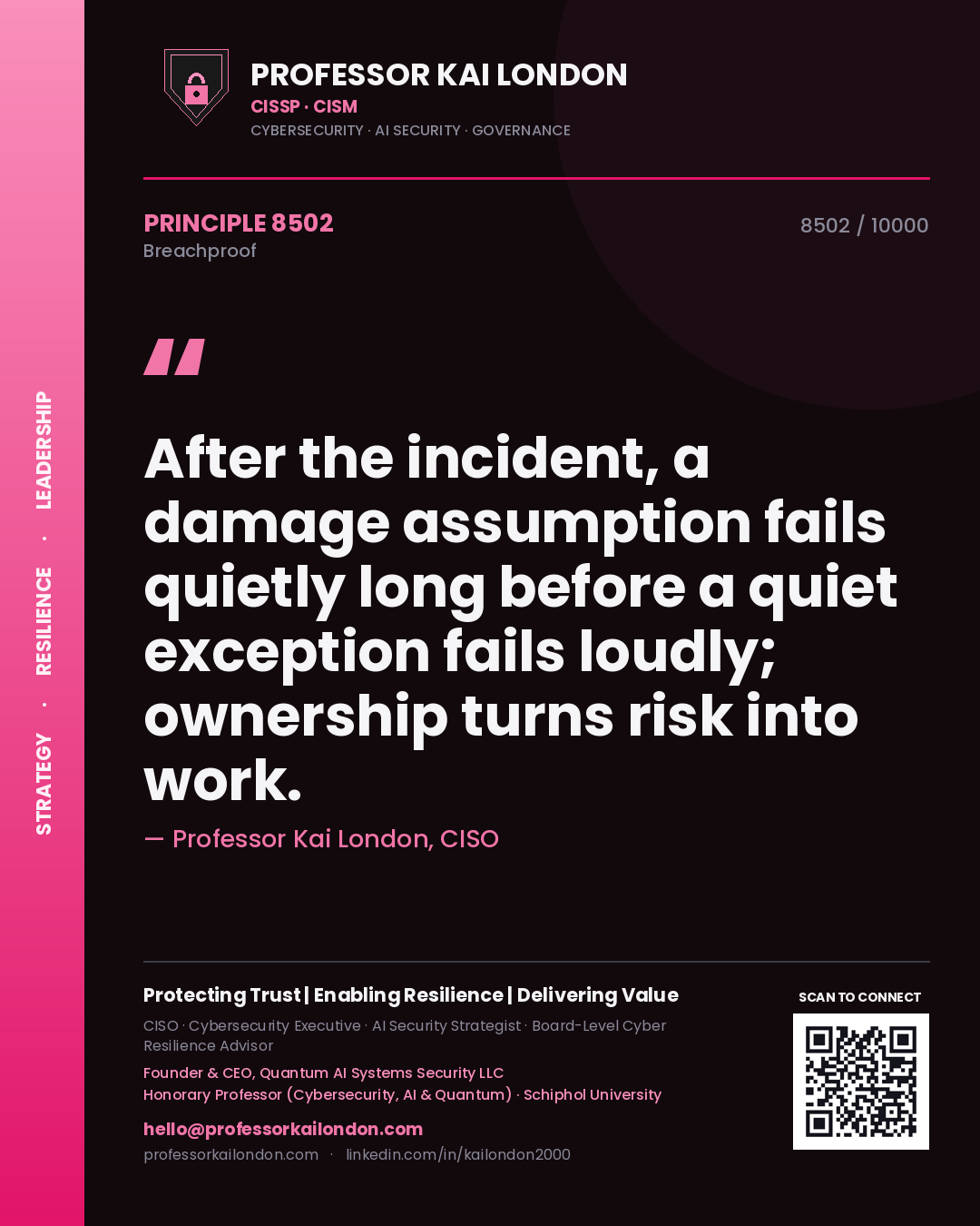 Professor Kai London principle 8502: After the incident, a damage assumption fails quietly long before a quiet exception fails loudly; ownership turns risk into work.