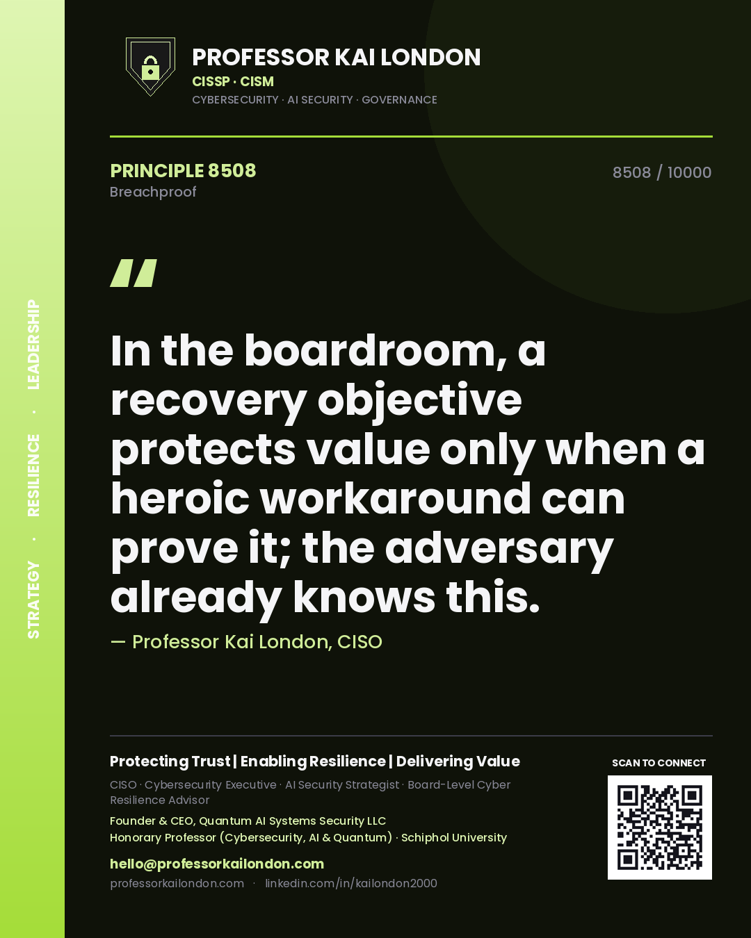 Quote card by Professor Kai London reading 'In the boardroom, a recovery objective protects value only when a heroic workaround can prove it; the adversary already knows this.'. From the book Breachproof.