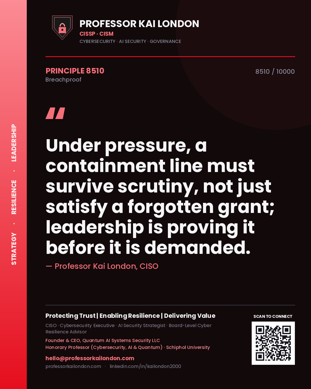 Quote card by Professor Kai London reading 'Under pressure, a containment line must survive scrutiny, not just satisfy a forgotten grant; leadership is proving it before it is demanded.'. From the book Breachproof.