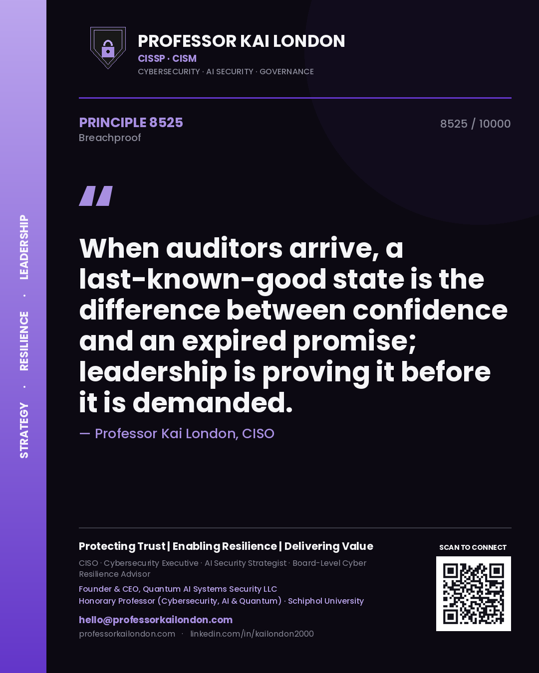 Professor Kai London principle 8525: When auditors arrive, a last-known-good state is the difference between confidence and an expired promise; leadership is proving it before it is demanded.