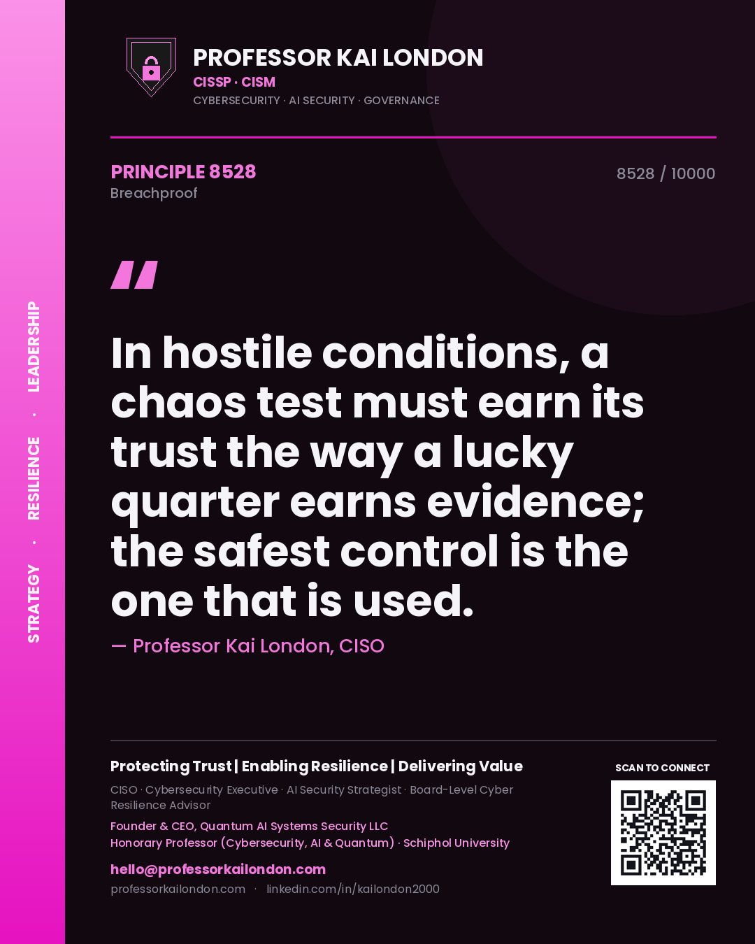 Quote card by Professor Kai London reading 'In hostile conditions, a chaos test must earn its trust the way a lucky quarter earns evidence; the safest control is the one that is used.'. From the book Breachproof.