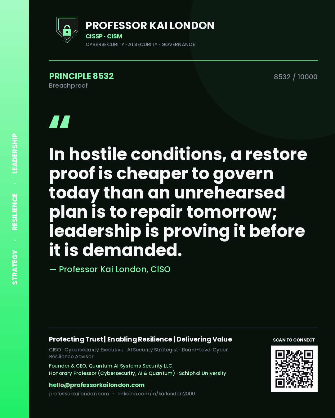 Quote card by Professor Kai London reading 'In hostile conditions, a restore proof is cheaper to govern today than an unrehearsed plan is to repair tomorrow; leadership is proving it before it is demanded.'. From the book Breachproof.