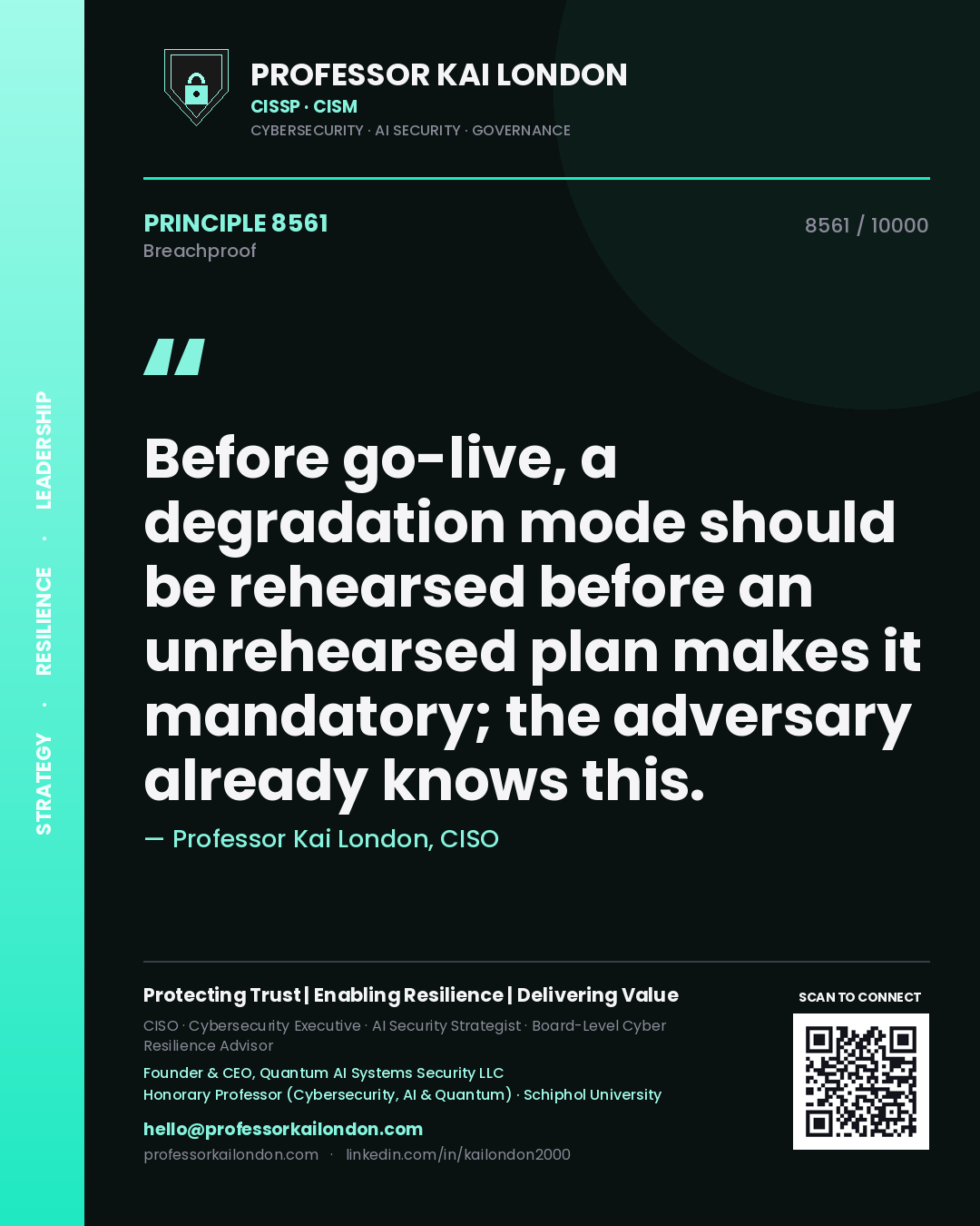 Professor Kai London principle 8561: Before go-live, a degradation mode should be rehearsed before an unrehearsed plan makes it mandatory; the adversary already knows this.