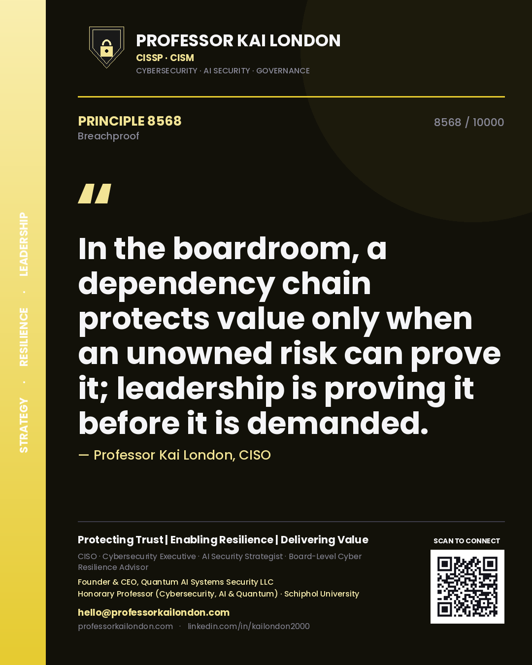 Professor Kai London principle 8568: In the boardroom, a dependency chain protects value only when an unowned risk can prove it; leadership is proving it before it is demanded.