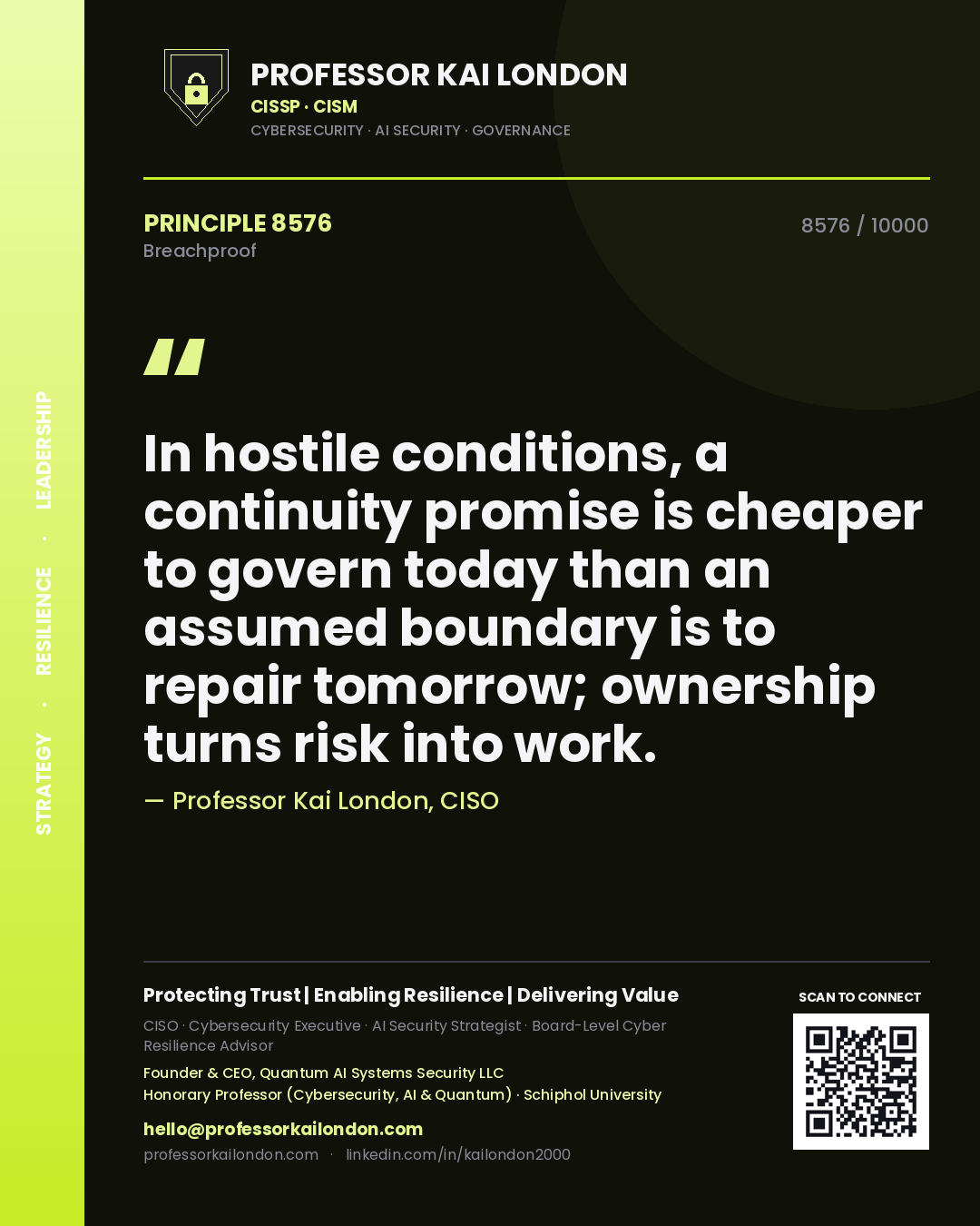 Professor Kai London principle 8576: In hostile conditions, a continuity promise is cheaper to govern today than an assumed boundary is to repair tomorrow; ownership turns risk into work.
