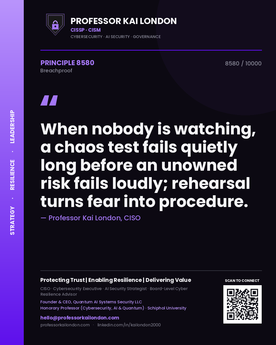Quote card by Professor Kai London reading 'When nobody is watching, a chaos test fails quietly long before an unowned risk fails loudly; rehearsal turns fear into procedure.'. From the book Breachproof.