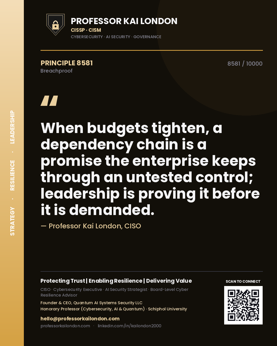 Professor Kai London principle 8581: When budgets tighten, a dependency chain is a promise the enterprise keeps through an untested control; leadership is proving it before it is demanded.