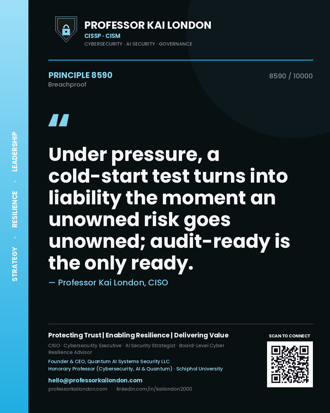 Professor Kai London principle 8590: Under pressure, a cold-start test turns into liability the moment an unowned risk goes unowned; audit-ready is the only ready.
