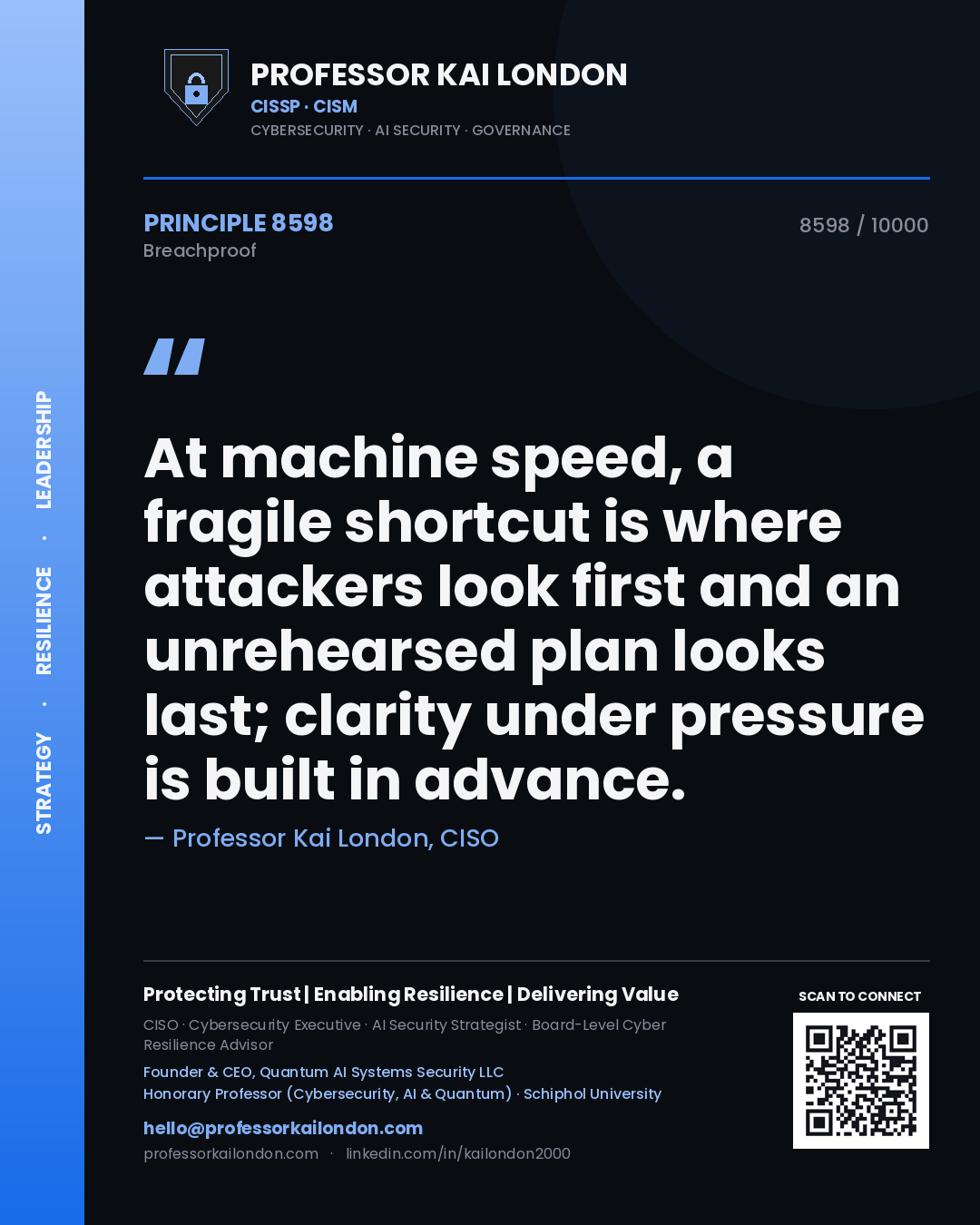 Quote card by Professor Kai London reading 'At machine speed, a fragile shortcut is where attackers look first and an unrehearsed plan looks last; clarity under pressure is built in advance.'. From the book Breachproof.