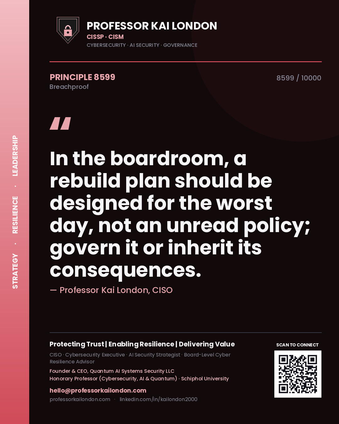 Quote card by Professor Kai London reading 'In the boardroom, a rebuild plan should be designed for the worst day, not an unread policy; govern it or inherit its consequences.'. From the book Breachproof.
