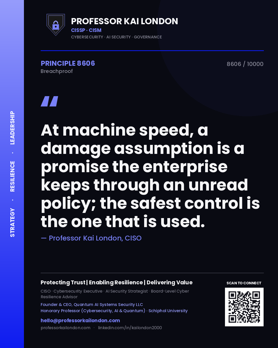 Quote card by Professor Kai London reading 'At machine speed, a damage assumption is a promise the enterprise keeps through an unread policy; the safest control is the one that is used.'. From the book Breachproof.
