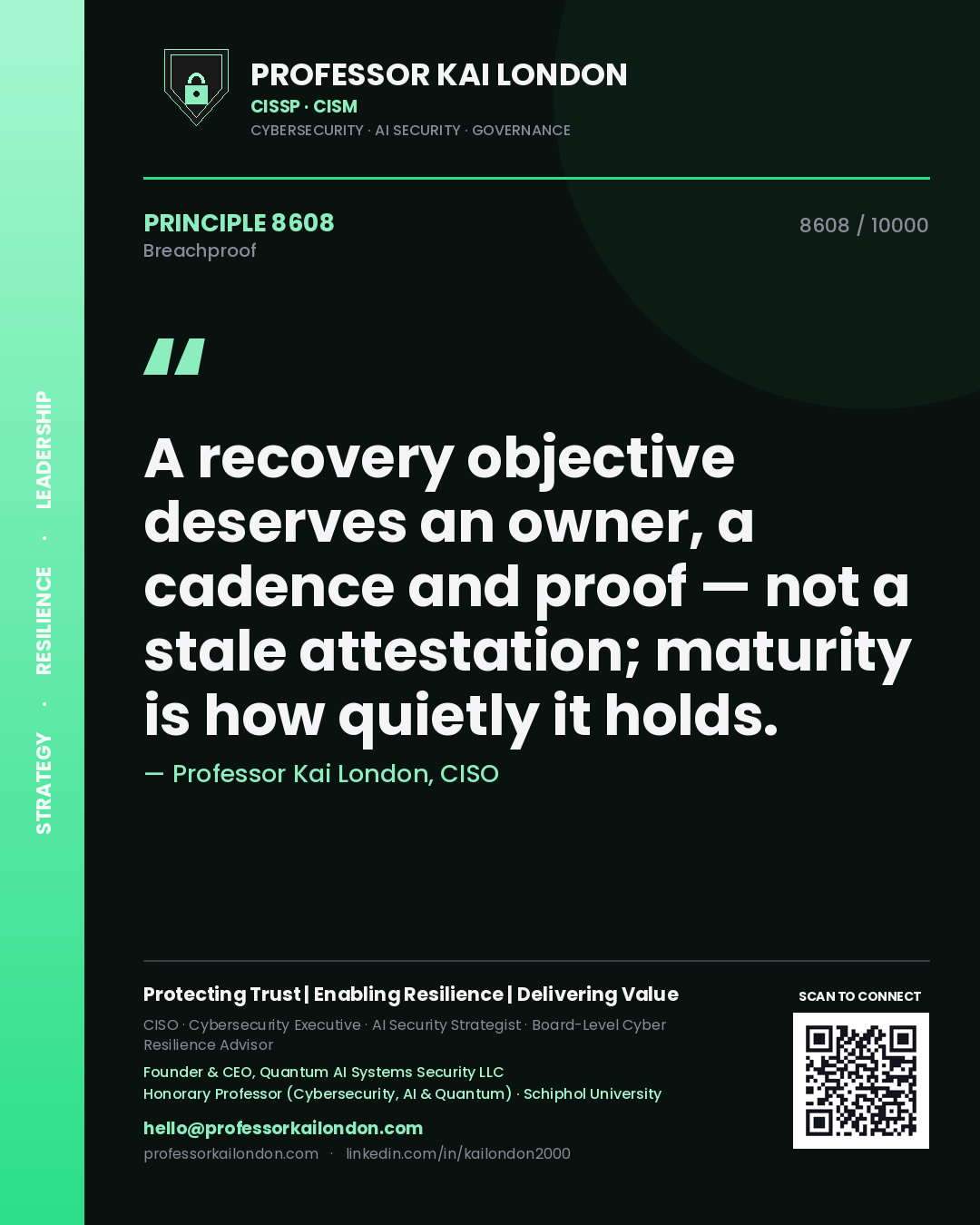 Quote card by Professor Kai London reading 'A recovery objective deserves an owner, a cadence and proof — not a stale attestation; maturity is how quietly it holds.'. From the book Breachproof.