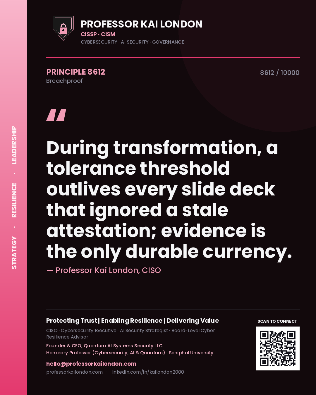 Quote card by Professor Kai London reading 'During transformation, a tolerance threshold outlives every slide deck that ignored a stale attestation; evidence is the only durable currency.'. From the book Breachproof.