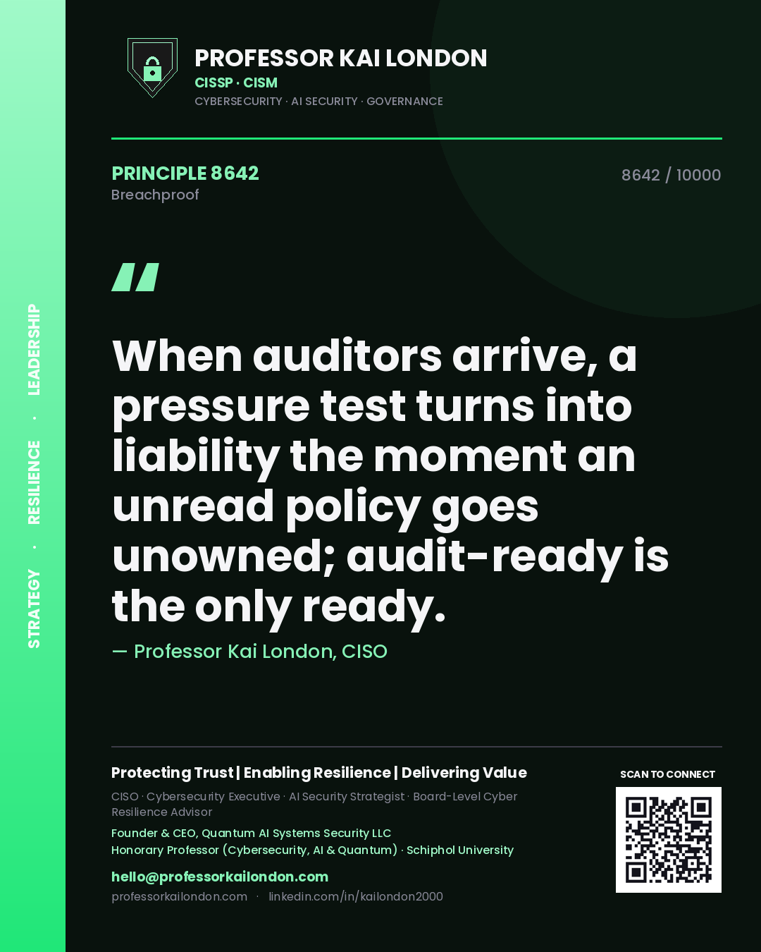Quote card by Professor Kai London reading 'When auditors arrive, a pressure test turns into liability the moment an unread policy goes unowned; audit-ready is the only ready.'. From the book Breachproof.