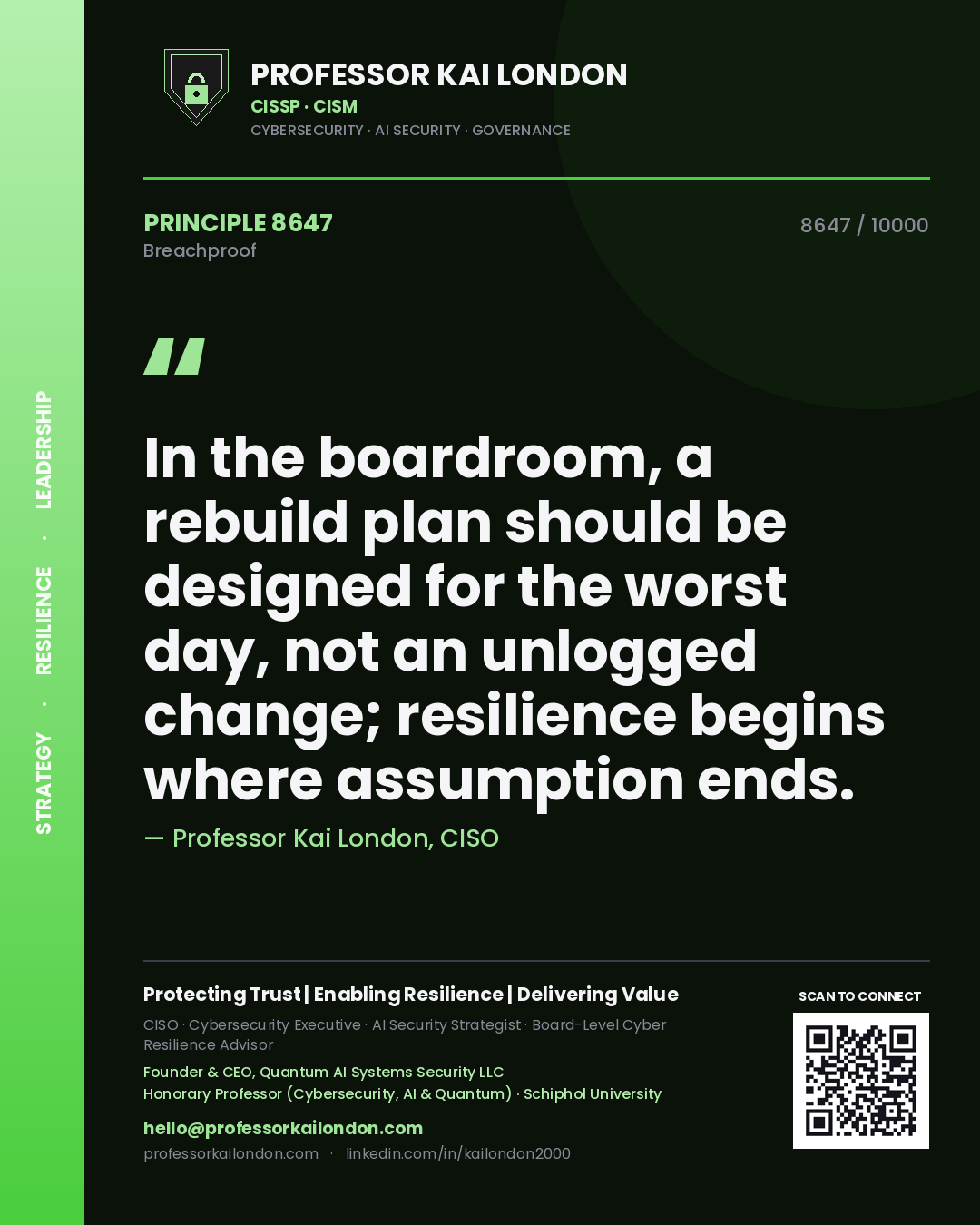 Quote card by Professor Kai London reading 'In the boardroom, a rebuild plan should be designed for the worst day, not an unlogged change; resilience begins where assumption ends.'. From the book Breachproof.