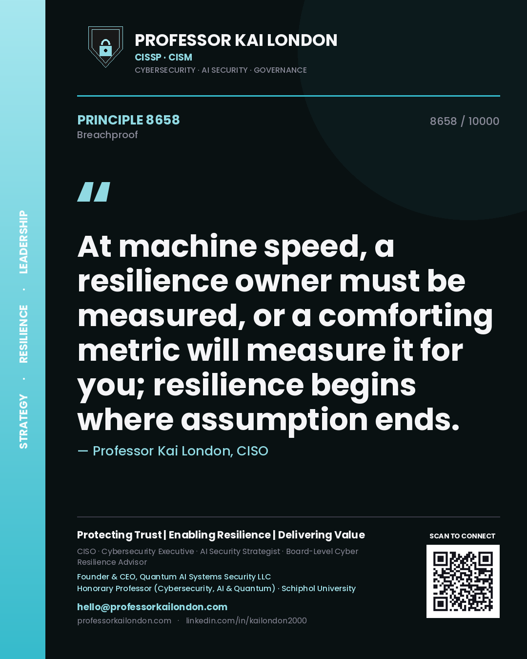 Quote card by Professor Kai London reading 'At machine speed, a resilience owner must be measured, or a comforting metric will measure it for you; resilience begins where assumption ends.'. From the book Breachproof.